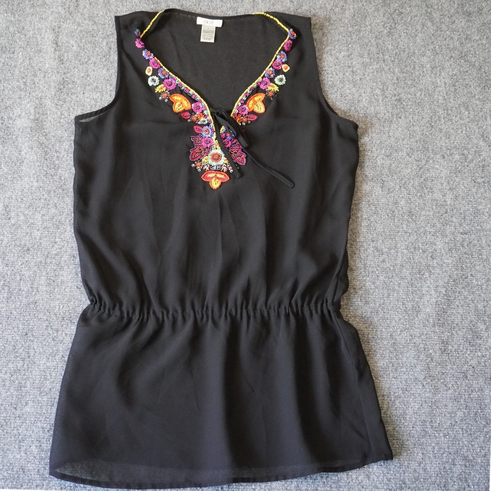 Cachet Black Sleeveless Beaded Floral Embroidered Tunic‎ Top Size M